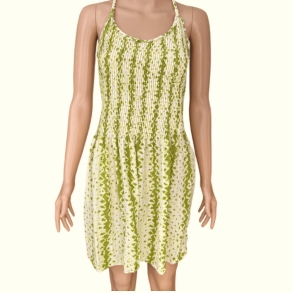 Banana Republic Size 10 100% Silk Watercolor Green Twist Strap Zip Side Dress
